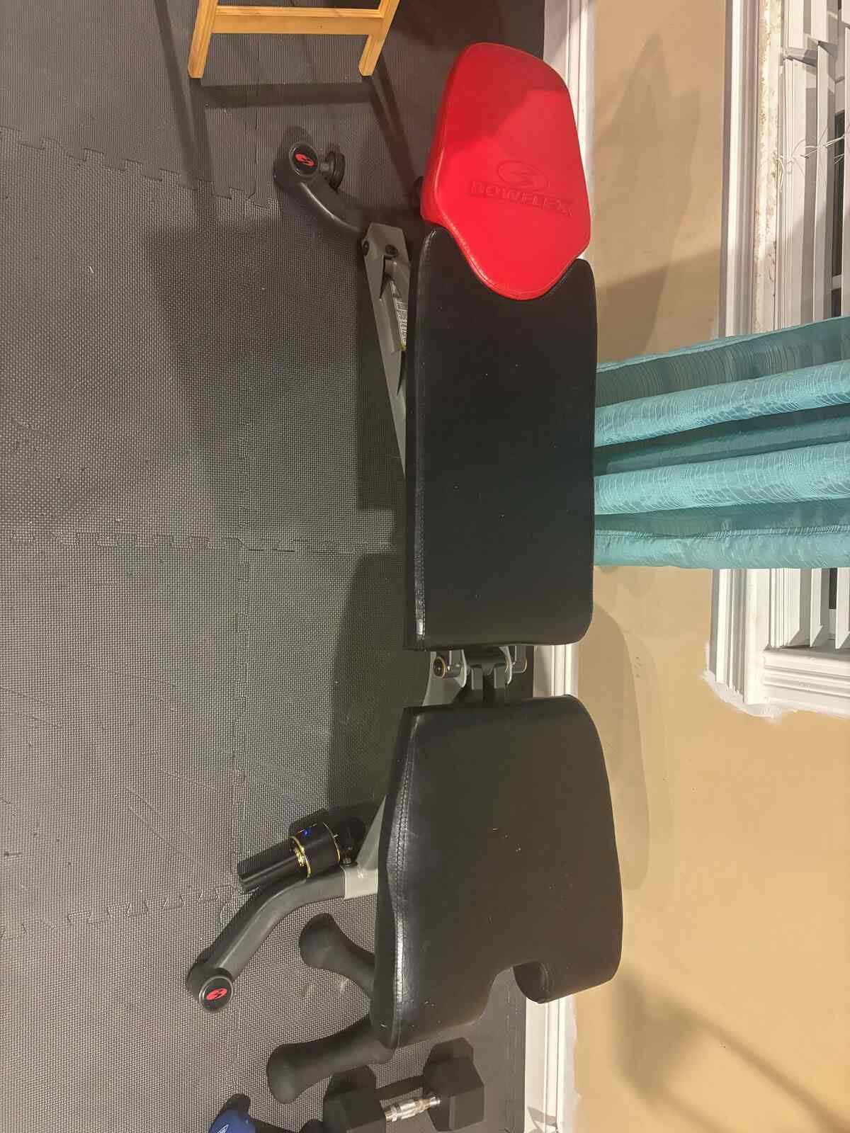 Bowflex FID weight bench with red Bowflex headrest on interlocking foam mats — site owner’s owned gear