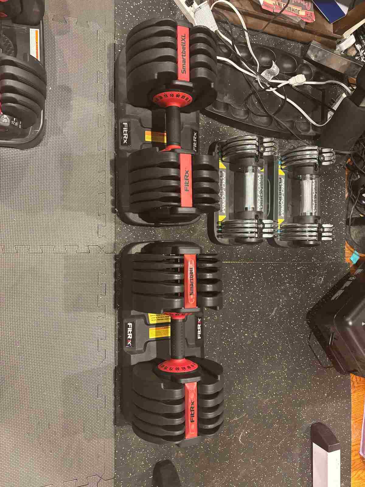 FitRx Smartbell XL adjustable dumbbells and Pro-Form Fusion pair on gym mats — site owner’s owned gear